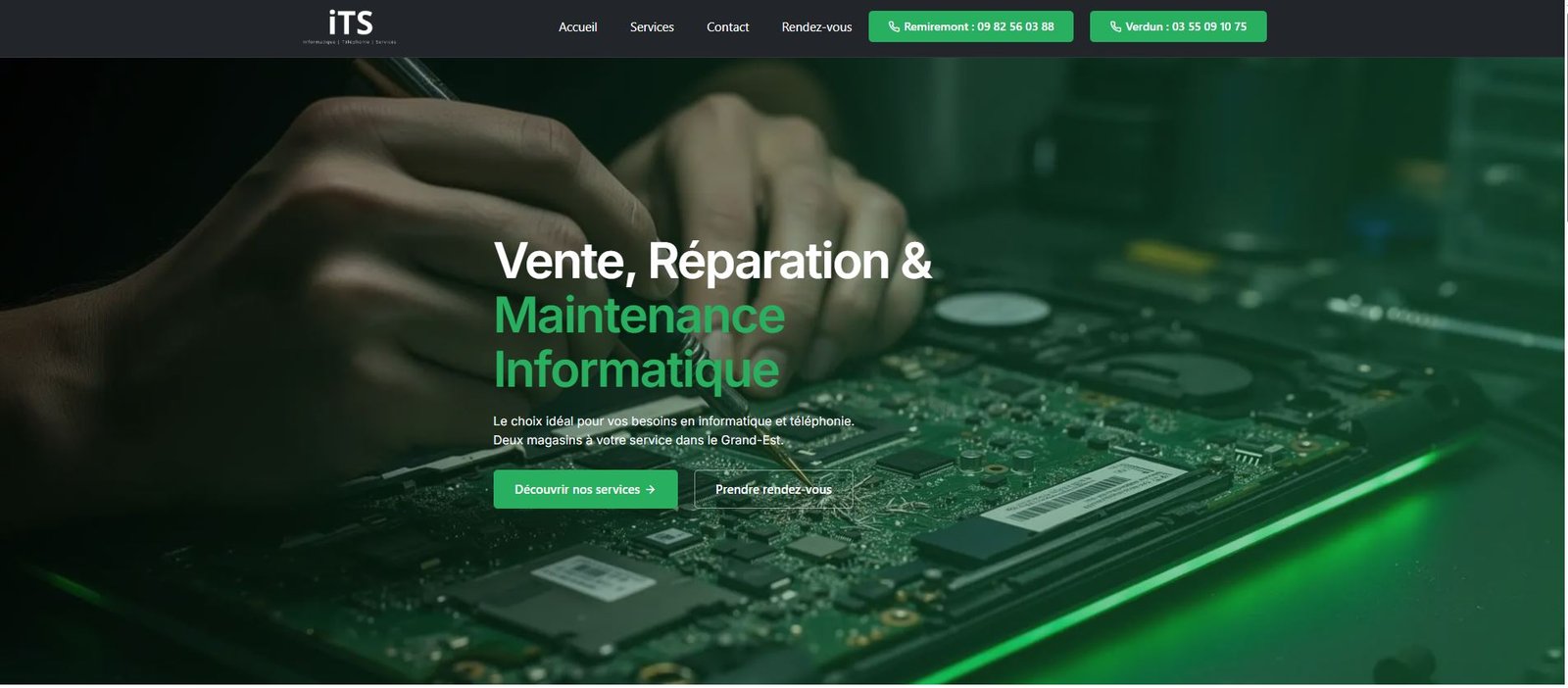 Aperçu du site vitrine réalisé pour ITS Green, plateforme web pour Vente, Réparation & Maintenance Informatique